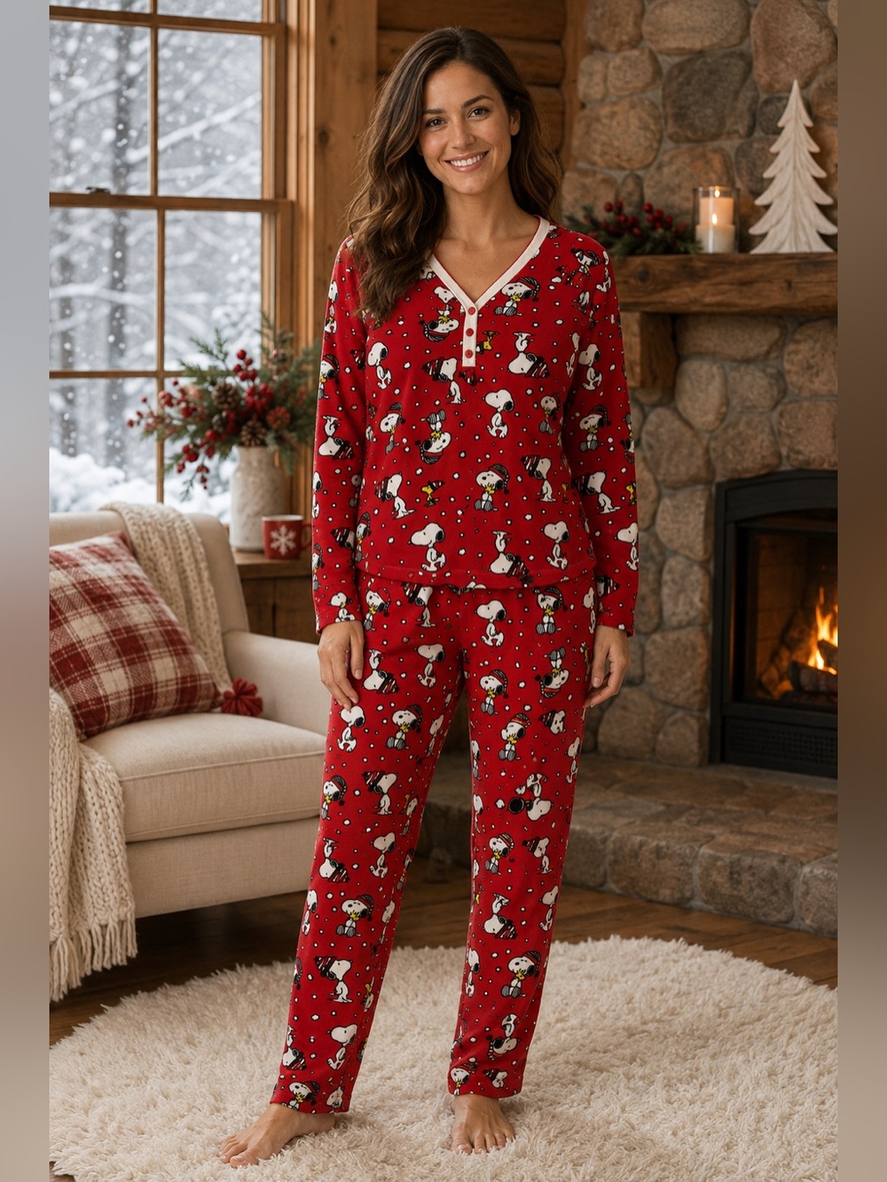 Peanuts Snoopy Women’s Pajama Set M Red Winter Fleece 2 Piece Woodstock